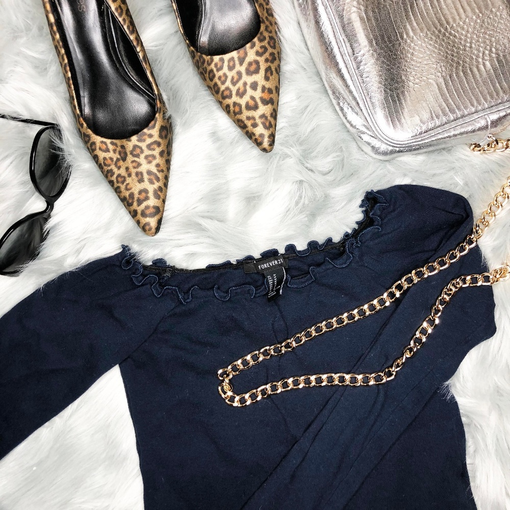 Forever 21 Off Shoulder Dark Blue Long Sleeve Top